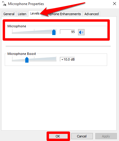 In The Microphone Properties Window, Navigate To The &Quot;Levels&Quot; Tab.