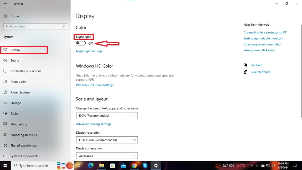 Display Section Windows 10